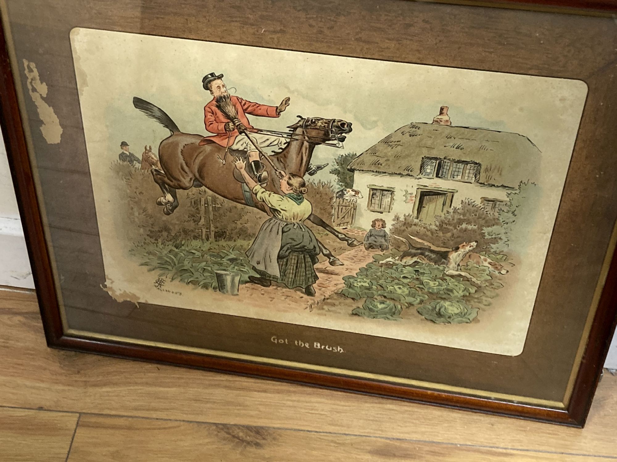 A set of six chromolithographs, hunting caricatures, 38 x 48cm overall.